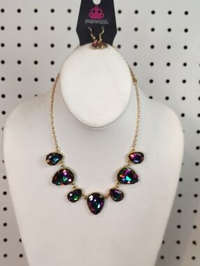 paparazzi Gold-Tone Necklace with Iridescent Purple-Green-Blue Teardrops